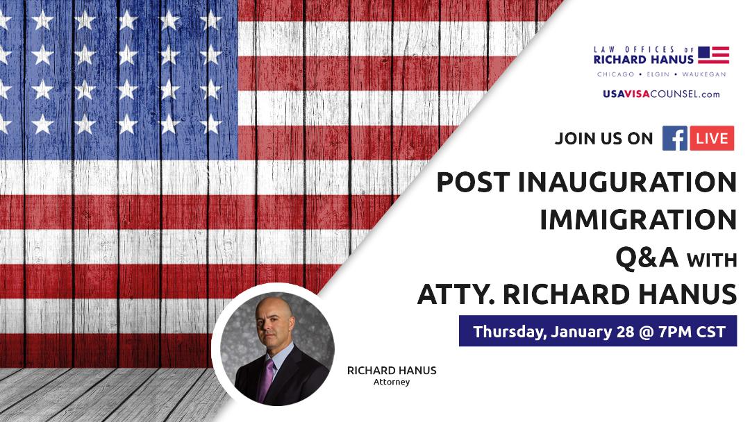 an advertisement for a post inauguration immigration q&a with richard hanus